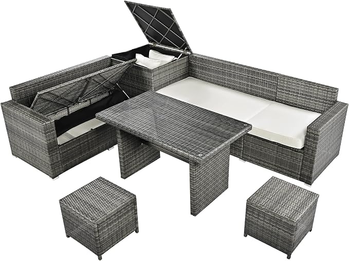 Outdoor 6-Piece All Weather PE Rattan Sofa Set, Garden Patio Wicker Sectional Furniture Set with Adjustable Seat, Storage Box, Removable Covers and Tempered Glass Top Table, Beige