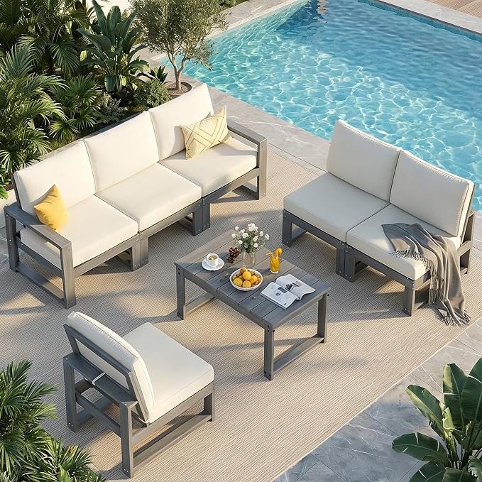 2-Piece Patio Furniture Set,Outdoor HDPE Sectional Sofa with Cushions,Outdoor Sectional Furniture Set for Porch,Backyard,Deck,Grey