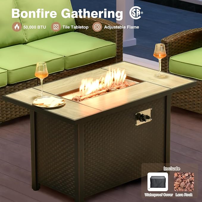 ovios 6 Pieces Patio Furniture Set, Outdoor Wicker Sofa Couch with 42" Fire Pit Table Comfy Cushions, All Weather Brown Rattan Conversation Set for Backyard Deck, Green