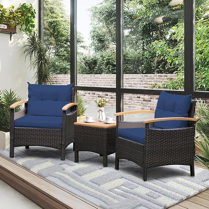 Tangkula 3-Piece Patio Furniture Set, Patiojoy Outdoor Rattan Sofa Set with Coffee Table, Patio Conversation Set with Removable Cushion, Cozy Acacia Wood Armrests for Backyard, Poolside (Navy)