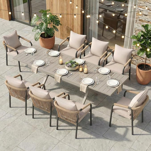 SUNSITT 9 Piece Outdoor Patio Dining Set, 65" - 107" Metal Expandable Outdoor Dining Table with X-Shape Legs, 8 Woven Wicker Patio Chairs w/Curved Backrest for Garden, Flaxen