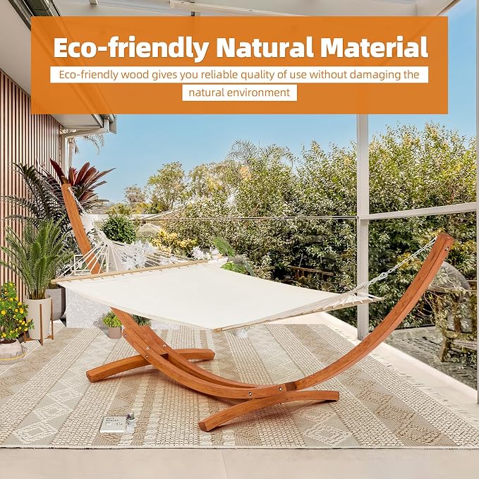 ECOTOUGE 14FT Wooden Double Hammock with Stand 2 Person Heavy Duty, Easy Assemble, Weatherproof Premium Quilted Camping Hammock for Outdoor, Patio(White)