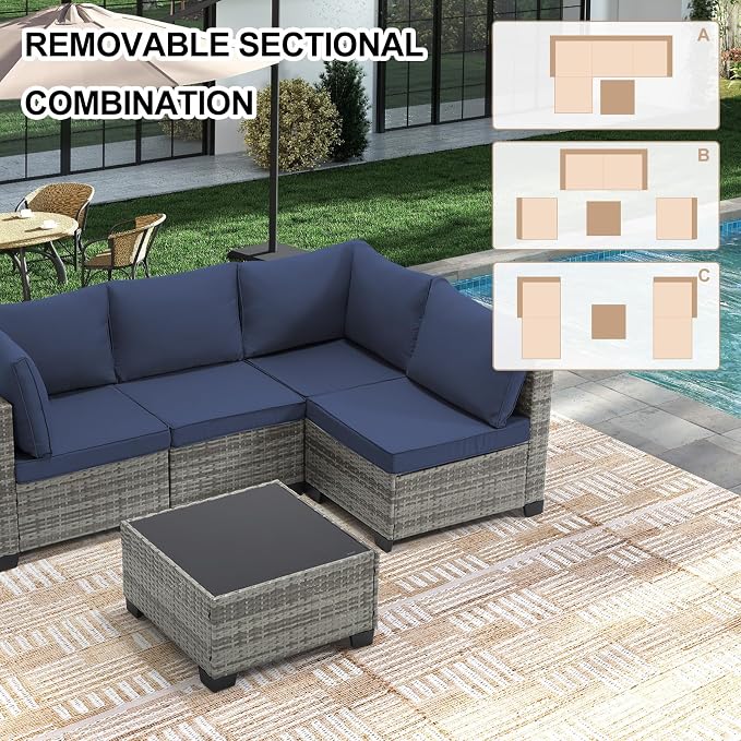 CANMOV 5 Pieces Patio Furniture Sets, All Weather Outdoor Patio Conversation Set, PE Wicker Rattan Sectional Sofa Couch Glass Coffee Table Washable Cushions for Backyard, Porch, Poolside, Navy Blue