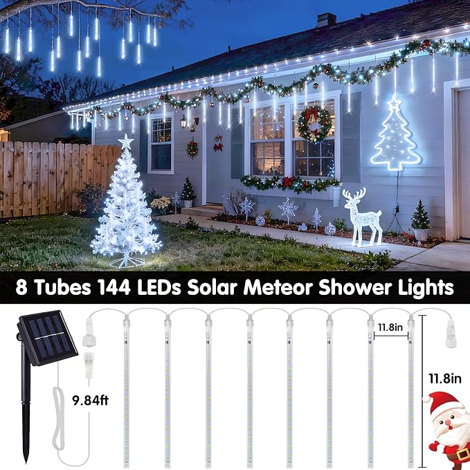 JMEXSUSS White Solar Lights Outdoor, Solar Meteor Shower Lights Outdoor | 8 Tube 144 LED Christmas Lights for Tree Wedding Xmas Holiday Party Patio Gazebo Decor