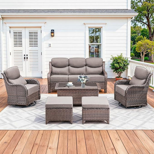 Luxury High Back Patio Furniture Set with 6-Inch Thick Cushions, 6-Pieces Outdoor Furniture with Swivel Chairs, Wicker Conversation Set for Porch, Balcony, Deck and Yard, Brown/Grey