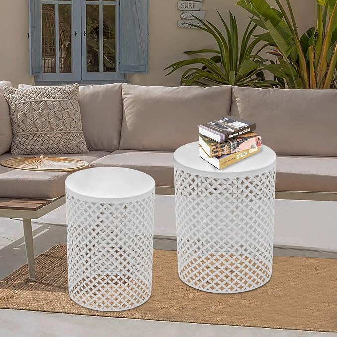 Side Table Set of 2, Iron Side Table 14.6x19.3In & 12.6x16.5In, Metal Accent Table with Openwork Flower Pattern, Cylindrical Freestanding Outdoor End Table for Patio Garden Living Room (White)