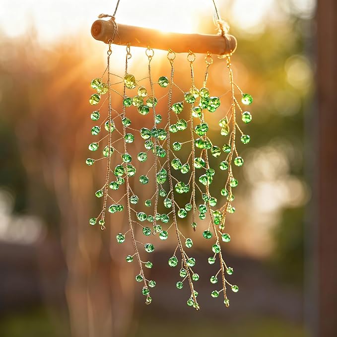H&D HYALINE & DORA 17.2 Inch Crystal Wind Chimes Suncatchers for Window Hanging Sun Catcher Making Rainbow Green Plants Artificial Crystal Prisms Wind Chime for Garden Home Wedding Decor