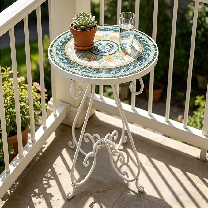 Outdoor Side Table & Mosaic Ceramic Plant Stand, 14" Metal Round End Table for Garden Home Patio Yard Porch Patio Decor Weather Resistant Outside Accent End Furniture (Flower#3)
