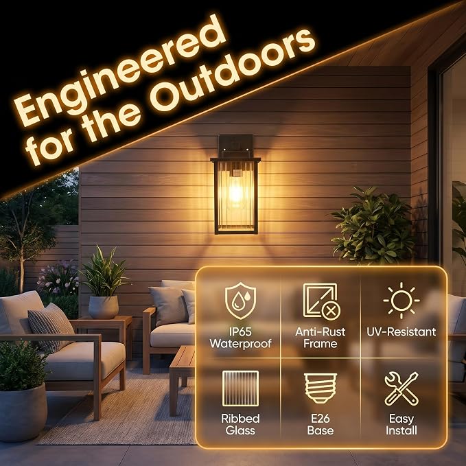 2-Pack 13-Inch Matte Black Outdoor Wall Light, All-Metal Frame | Textured Glass Softens Glare, Stays Bright. Waterproof Rust-Resistant Metal. Pre-Assembled DIY Install on Porch, Garage