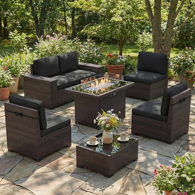 LayinSun 7 Pieces Outdoor Patio Furniture Set with 44" Fire Pit Table Brown Rattan Sectional Sofa Conversation Sets