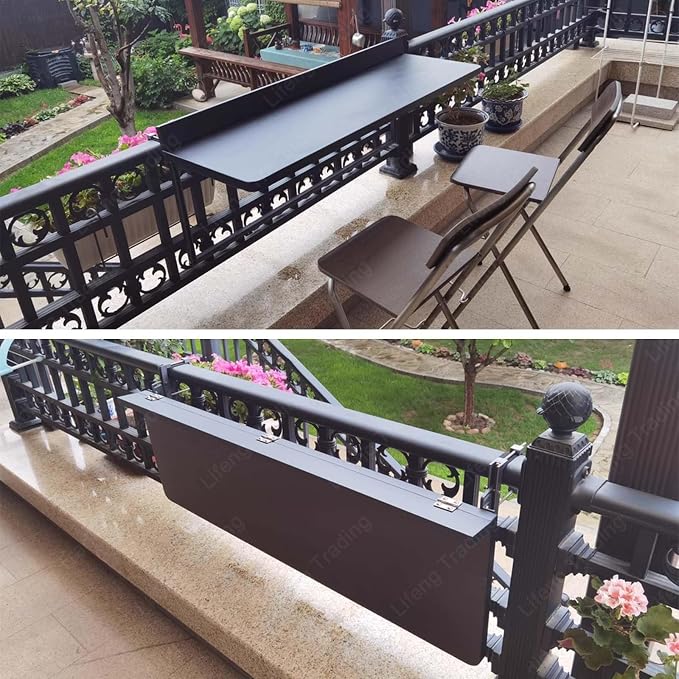 Outdoor Balcony Bar Table for Railings Aluminium Folding Balcony Shelf 5 Height Adjustable Wall-Mounted Side Table Saving Space 120 lbs Loading Serving Table for Patio Deck(Black,31.5x15.7in)