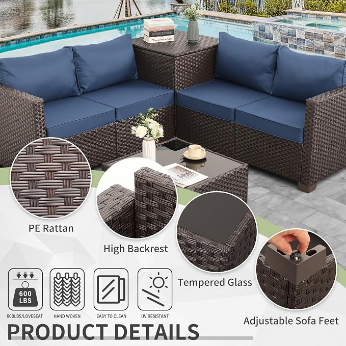 WAROOM Patio Furniture Set 4 Piece Conversation Sets Brown Rattan Outdoor Couch Loveseat Wicker Sectional Sofa with Storage Box Glass Top Table, Navy Blue Cushion