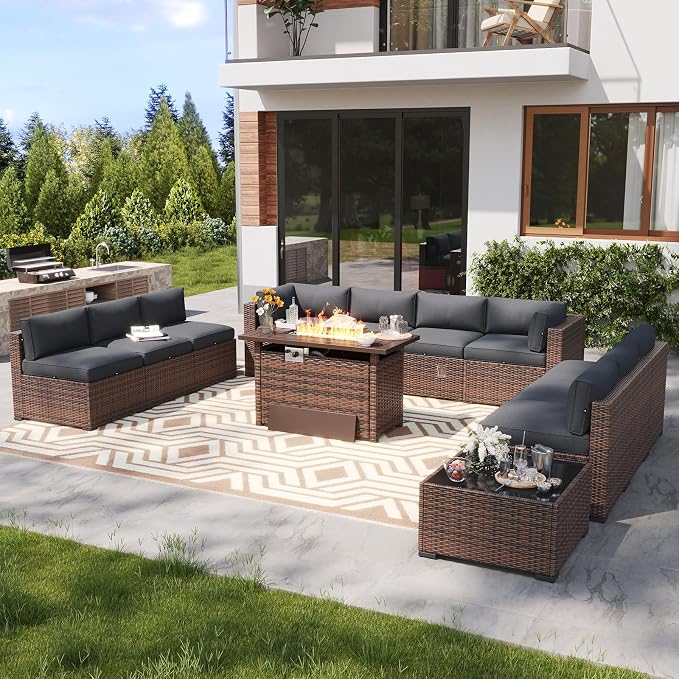 LazySunsets 12 Piece Outdoor Patio Furniture Set with 44'' Fire Pit Table, Outdoor Patio Furniture Sets with 4'' Thicken Cushion, Wicker Rattan Outdoor Conversation Set for Backyard, Grey