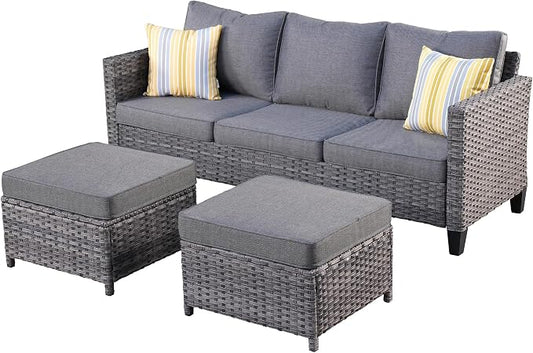 ovios 3 Pieces Patio Furniture Set Outdoor Sofa with Ottomans, Wicker Rattan Couch with Footrests Comfy Cushions, All Weather Sofas Couches for Porch Backyard Garden, Dark Grey