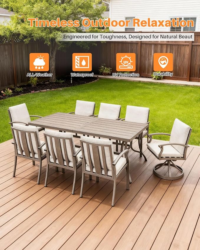 Patio Dining Table for 8, Never Rusts Aluminum Outdoor Dining Table, 84" x 38.6" Rectangular Patio Table for Outside, Outdoor Patio Table for Deck, Garden Poolside, Limed Oak