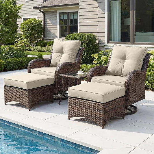 Luxury Patio Conversation Set, 5-Piece Ergonomic High Back Wicker Swivel Chair Set with 6-Inch Deep Seating Cushions, Large Patio Furniture Set for Garden, Deck & Balcony, Beige