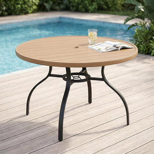 47” Round Outdoor Dining Table for 6,Metal Patio Dining Table with Adjustable Umbrella Hole,All-Weather Brown Outdoor Patio Table for Porch, Garden, Backyard, Poolside, Lawn