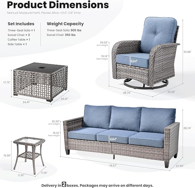 ovios 5 Pieces Patio Furniture Set, Outdoor Wicker Sofa Couch with Swivel Glider Chairs Solar Lights Table, Modern Deep Seat Rattan Conversation Sets for Deck Porch, Denim Blue