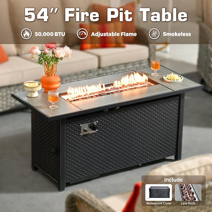 9 PCS Outdoor Patio Furniture Set with Fire Pit Table and Swivel Rocking Chairs,All Weather Wicker Rattan Patio Seating Sofa and Chair Set with Ottomans,Outdoor Conversation for Porch Deck Yard,Beige