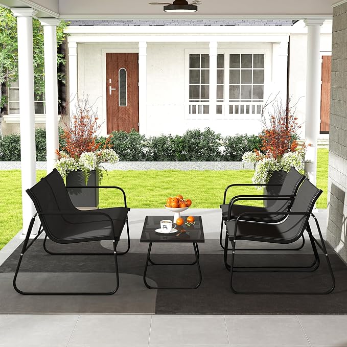 Tangkula 4 Piece Patio Furniture Set, Outdoor Metal Conversation Chair & Coffee Table Set with Mesh Seat Fabric & Tempered Glass Tabletop, Outside Bistro Set for Backyard, Porch, Poolside (Black)