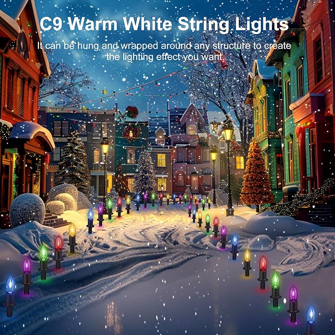 TIORIY C9 LED Christmas Pathway Lights Outdoor, 24.2ft Multicolored LED Christmas Light with Stakes, Connectable 30 Sets Xmas Decoration Light Outside, Walkway String Light