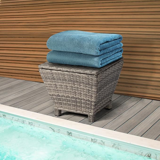 20in Outdoor PE Wicker Side Table,Trapezoidal Patio Rattan End Table,Outside Storage Bin Container,All-Weather Small Storage Box Tables,with Lid,for Garden Porch Poolside Deck Backyard (Grey)