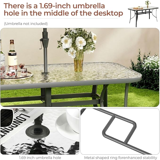 TLSUNNY Patio Dining Set for 6, Outdoor Table and Chairs W/1.69″ Umbrella Hole, 30"X 55" Table and Stackable Textilene Chair, All Weather Patio Furniture Set (Grey Table & Grey Chair)
