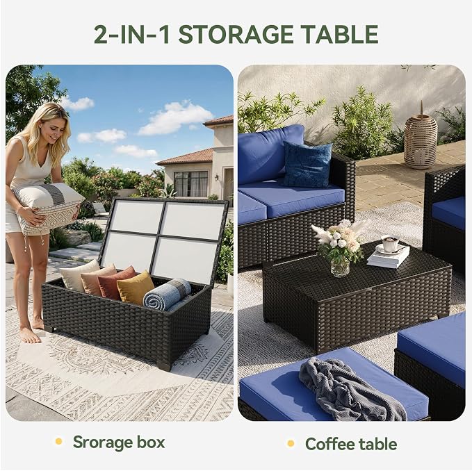 Aoxun 10 Piece Outdoor Patio Furniture Set 9 Seats, Outdoor Sectional with Thick Waterproof Cushions, Patio Conversation Sets for Garden,Backyard, Porch, Balcony, Black & Blue