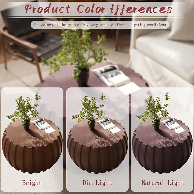 35.43" Indoor Round Coffee Table, Waterproof Coffee Table Modern MgO Cement Design End Tables for Living Room, Outdoor Patio Coffee Tables for Garden, Backyard, Balcony, Brown