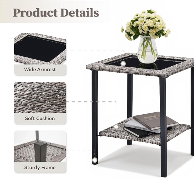 Patio Tables Wicker Side Table, Outdoor End Table with Storage Shelf, Patio Furniture Side Table for Sofa, Swivel Chairs, Garden, Balcony - Square/Grey