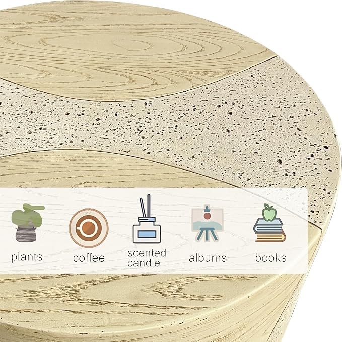 LIVILAND 27.6" Round Drum Coffee Table, Modern MgO Weatherproof Outdoor Center Table for Living Room & Patio, Japandi Faux Wood Grain, No Assembly Required (Sahara Oak Travertine)