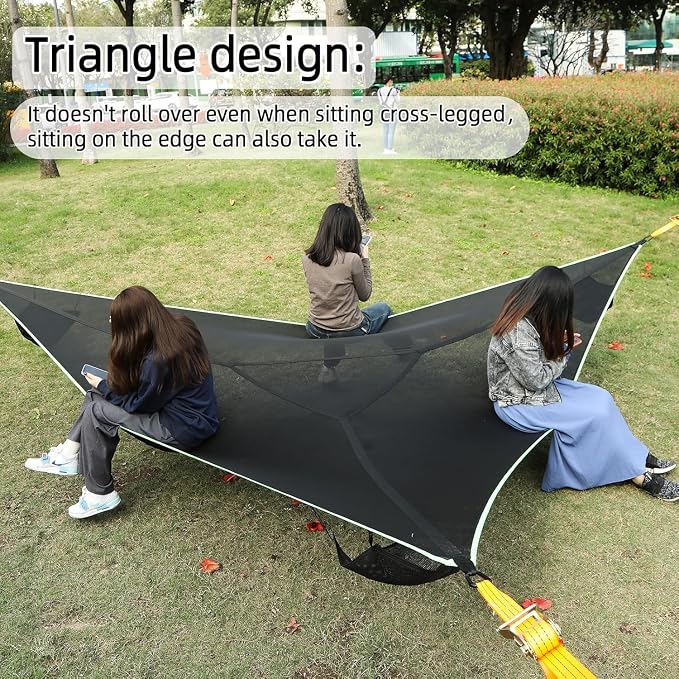 Triangle Hammock, 13ft Camping Hammock with 3 Ratchet Tie Down Straps and Storage Bag, 3 Point Hammocks Portable Max 800 Lbs for 2-3 Adult Kid, Multi Person Tree Hammock for Outside Travel