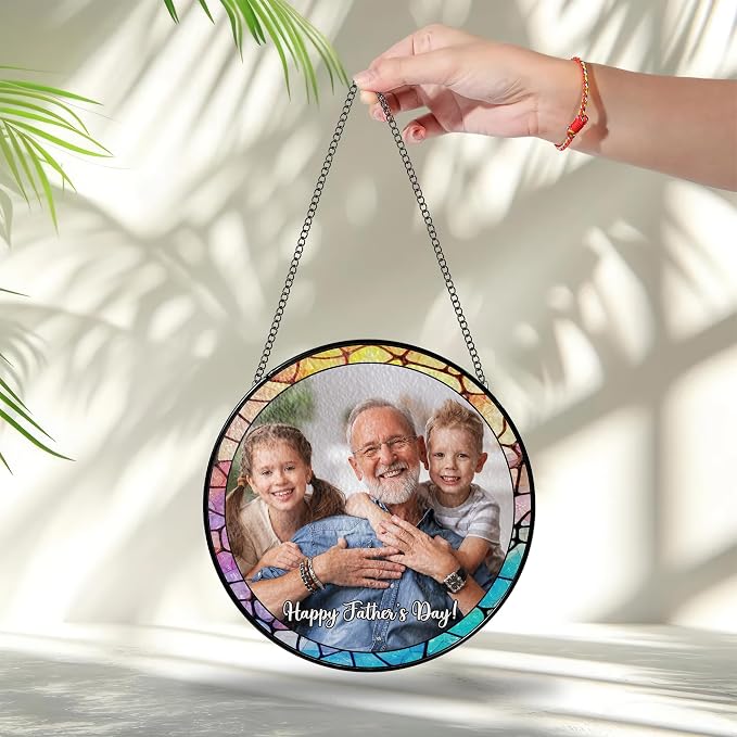 Custom Photo Stained Glass Window Hanging Suncatcher 2026, Personalized Family Picture Sun Catcher with Custom Text, Father's Day Birthday Gift for Dad, Papa, Grandpa, Husband