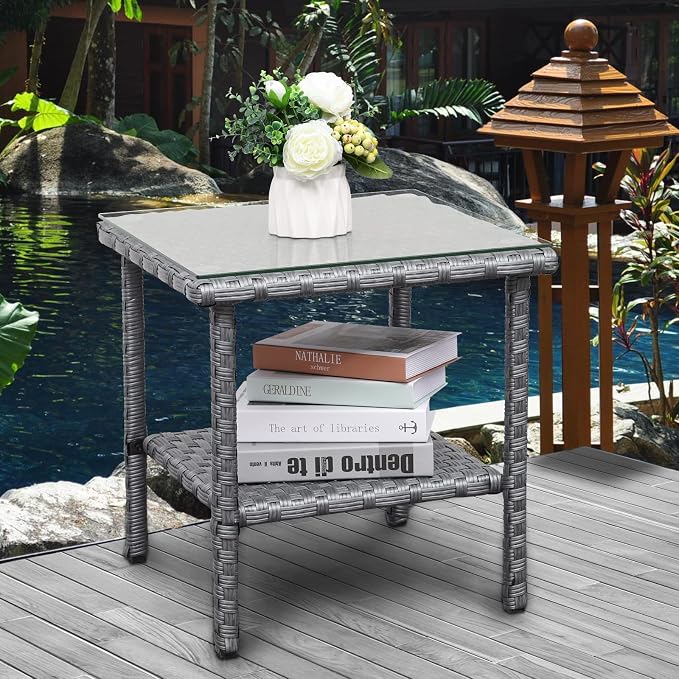 Valita Outdoor Wicker Glass Top Side Table - Patio Rattan Square End Table with Storage, Grey