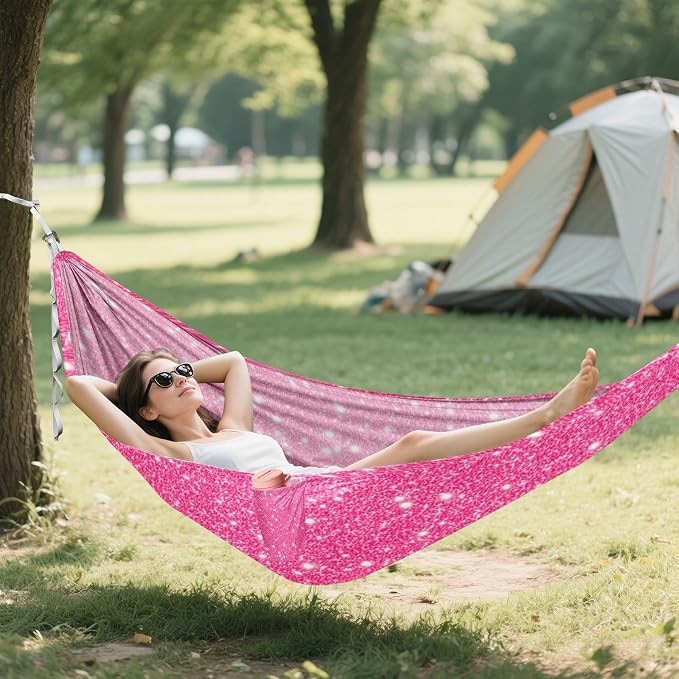 Pink Sparkling Glitter Camping Hammock, Portable Lightweight Single Hammock with Tree Straps and Aluminum Carabiners, 114" x 54" Travel Hammock for Hiking Backpacking Beach