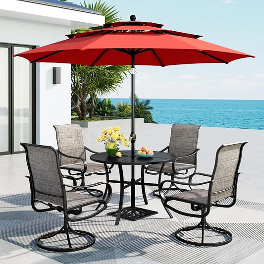MFSTUDIO Patio Dining Set for 4, Outdoor Furniture Set with Orange Red Umbrella (Base not Included), 42" Round Table and 4 Swivel Chairs for Patio, Deck, Backyard, Garden
