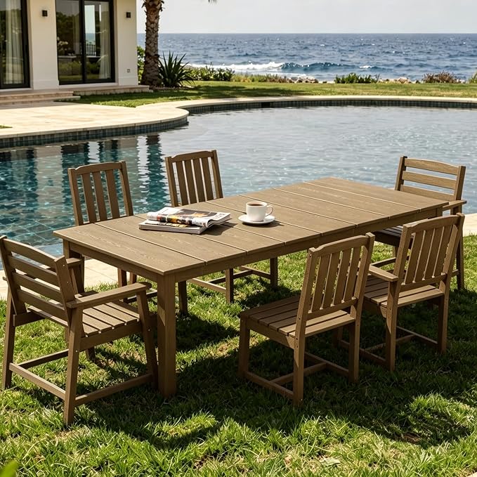 AreShark 7-Piece Outdoor Dining Set,HDPE Patio Table with 6 Armchairs,All-Weather Patio Furniture Set with Umbrella Hole,Low Maintenance Wood Grain Dining Set for Backyard,Garden,Poolside,Black