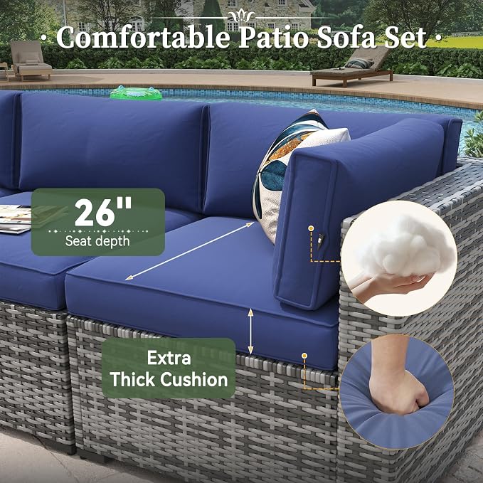 Aoxun 15 Piece Patio Furniture Set with 44” Fire Pit Table Wicker Rattan Outdoor Sectional Sofa Set with Coffee Table and Thickened Cushions, Grey/Blue