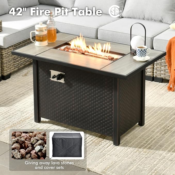Weaxty 7 Pieces Wide Seats Outdoor Furniture Set, L Shape Sectional Couch Ottoman Fire Pit Solar Table, Thick Cushion All-Weather Rattan Patio Conversation Sets for Backyard Porch Deck, Grey