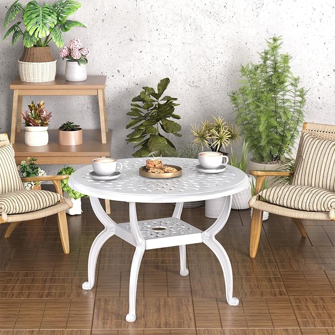 21" Patio Bistro Table, Cast Aluminum Side Table, Outdoor End Table for Garden/Yard/Pool/Porch, White