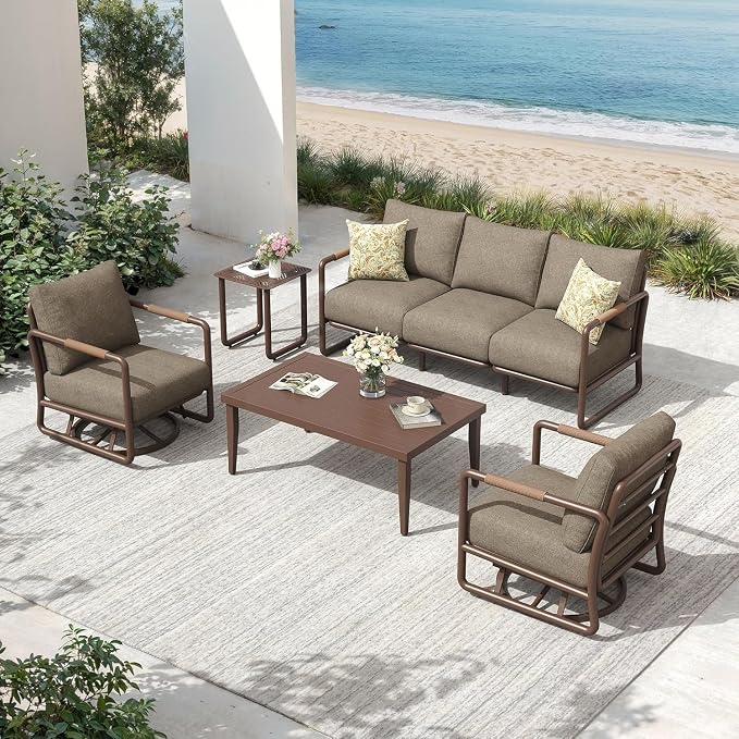 5-Piece All-Weather Aluminum Patio Conversation Set, 2 Swivel Rocking Chairs, 3-Seat Sofa & Rectangular Coffee Table for Pool, Garden, Balcony, Brown