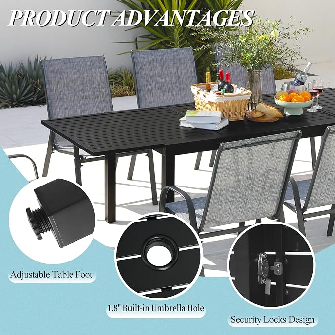 PIZZELLO Outdoor Expandable Dining Table 71"-106" Aluminum Patio Dinner Table for 8-10 Person, Rectangular Metal Collapsible Tables w/Umbrella Hole, Patio Table w/Extendable Top for Garden, Backyard