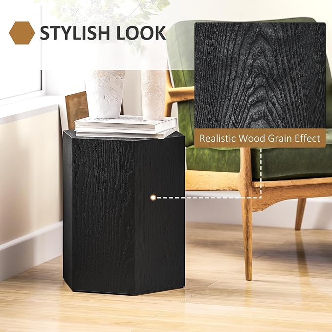 HOMCOM Concrete Finish Side Table, Lightweight Accent Table, 17" Patio Hexagonal Stump End Table with 4 Adjustable Feet for Indoor, Outdoor, Black Wood Grain