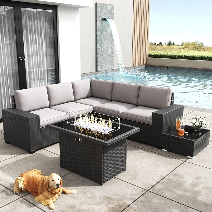 Patio Furniture Set with Fire Pit Table, 7 Pieces Outdoor All-Weather Wicker Conversation Sectional Chair Sofa Set