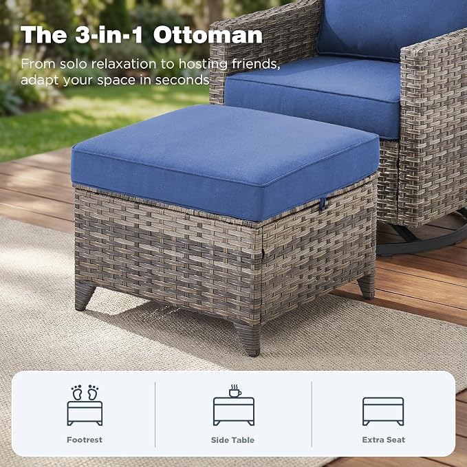 Belord Patio Wicker Swivel Rocker Patio Chairs with 3-Seater Sofa, Outdoor Rattan Chairs for Deck Porch Poolside, 10 Piece Patio Conversation Furniture Set,Blue