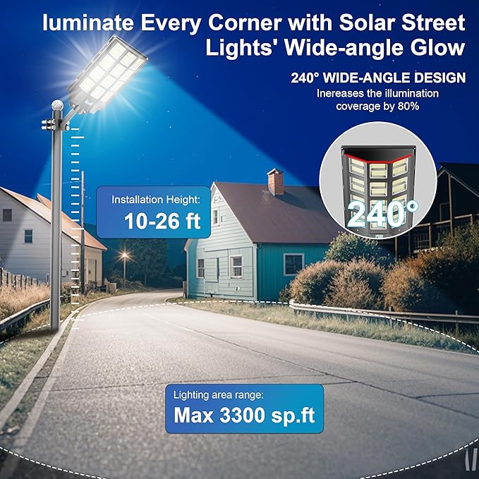 Solar Street Light 8000W Solar Parking Lot Lights Outdoor Waterproof, 240000LM 8000K Dusk to Dawn with Motion Sensor, LED Wide Angle Lamp