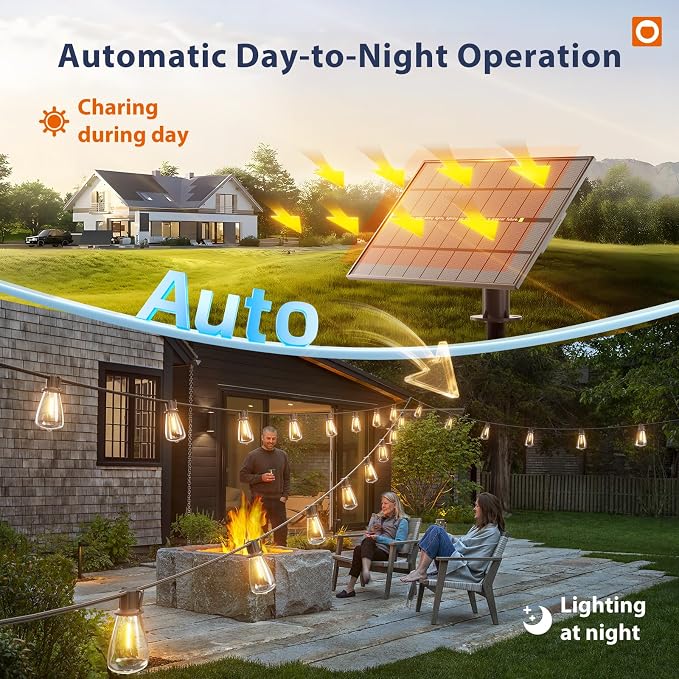 addlon 102FT(96+6) Solar String Lights Outdoor with Remote, 48 LED Dimmable | Waterproof Patio Hanging Lights (2FT Bulb Spacing), Long-Lasting Solar Light for Outside, Yard, Backyard, Garden, Camping