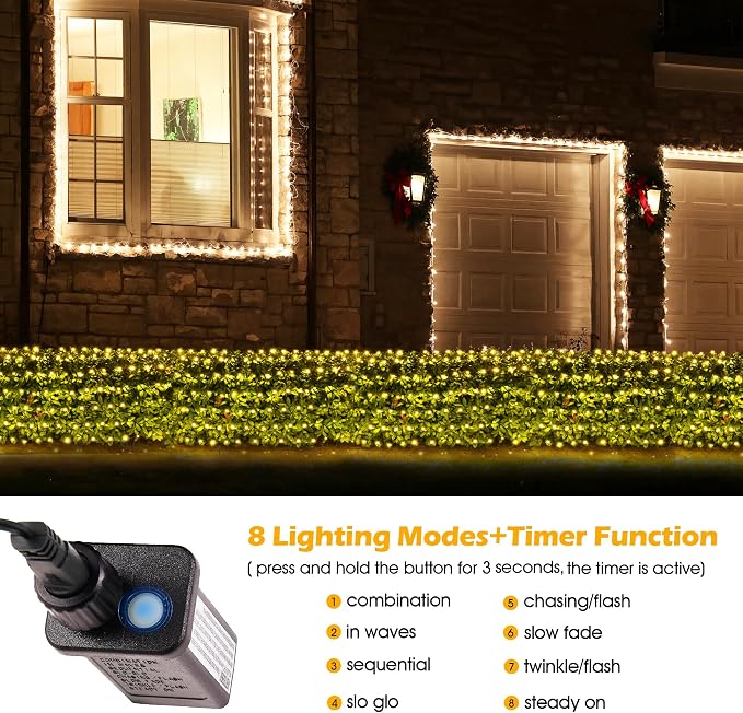 BlcTec Christmas Lights Outdoor 360 LED 9.8ft x 6.6ft Christmas Net Lights with 8 Modes, UL Certified, Timer, Connectable, Waterproof for Bushes, Shrubs, Yard Outdoor Xmas Decorations, Warm White