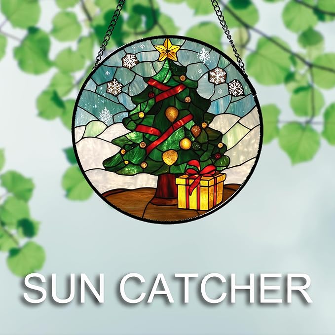DASTOLL Stained Glass Window Hanging Green Christmas Tree Snowflake Large 15" - Suncatcher Door Garden Sun Catcher Xmas Holiday Decor Birthday for Mom Men Woman Friend Nana