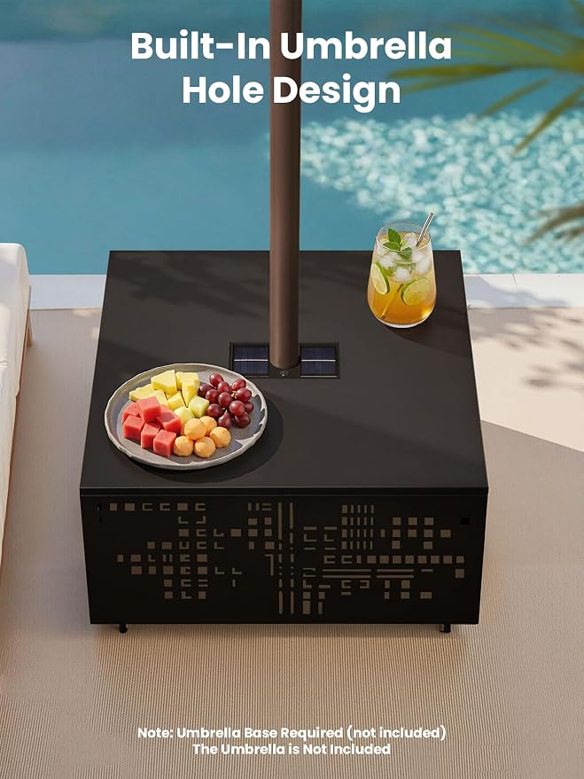 27" Outdoor Solar-Light Coffee Table with Geometric Cut-Out Design, Square Accent Coffee Table with Umbrella Hole, All Weather-Resistant Side Table for Patio, Garden, Deck, Black
